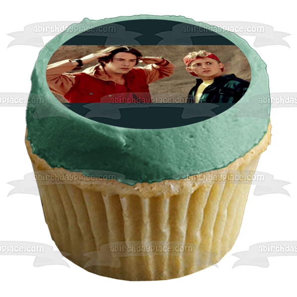 Adorno comestible para tarta de comedia de los años 90 con el falso viaje de Bill y Ted, imagen ABPID52618 