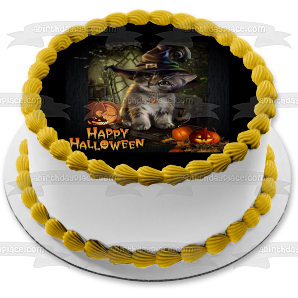 Feliz Halloween Gato con sombrero de bruja Jack-O-Lanterns Imagen comestible para decoración de tarta ABPID52681 