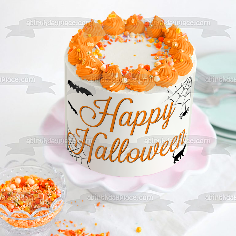 Feliz Halloween Murciélagos Gato Araña Telaraña Decoración comestible para tarta Imagen ABPID52684 