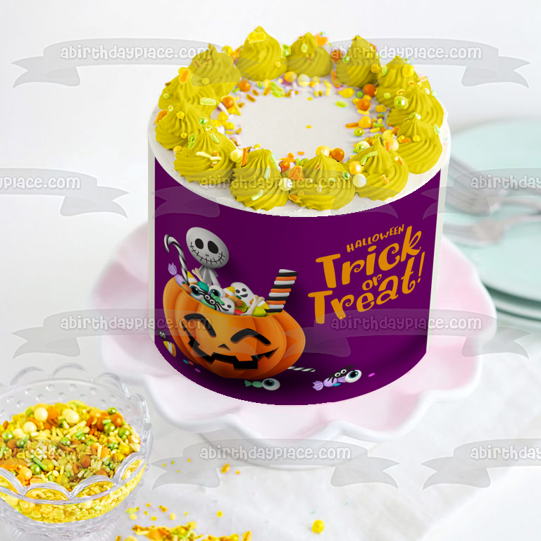 Truco o trato Feliz Halloween Esqueleto Jack-O-Lantern Caramelo Adorno comestible para tarta Imagen ABPID52687 