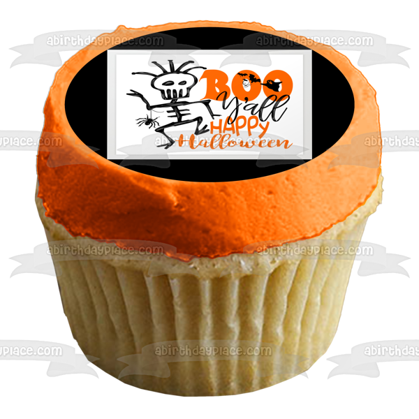 Boo Ya'll Happy Halloween Esqueleto Araña Fantasmas Murciélagos Decoración comestible para tarta Imagen ABPID52690 