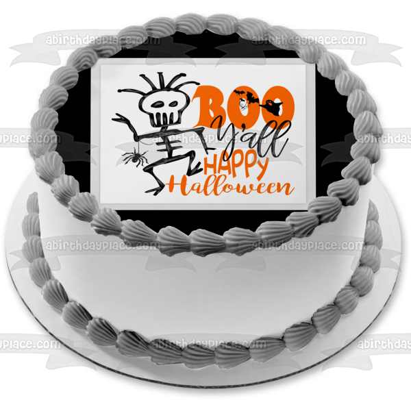 Boo Ya'll Happy Halloween Esqueleto Araña Fantasmas Murciélagos Decoración comestible para tarta Imagen ABPID52690 