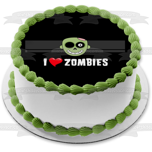 Imagen comestible para decoración de tarta con texto en inglés "I Love Zombies Happy Halloween" ABPID52699 