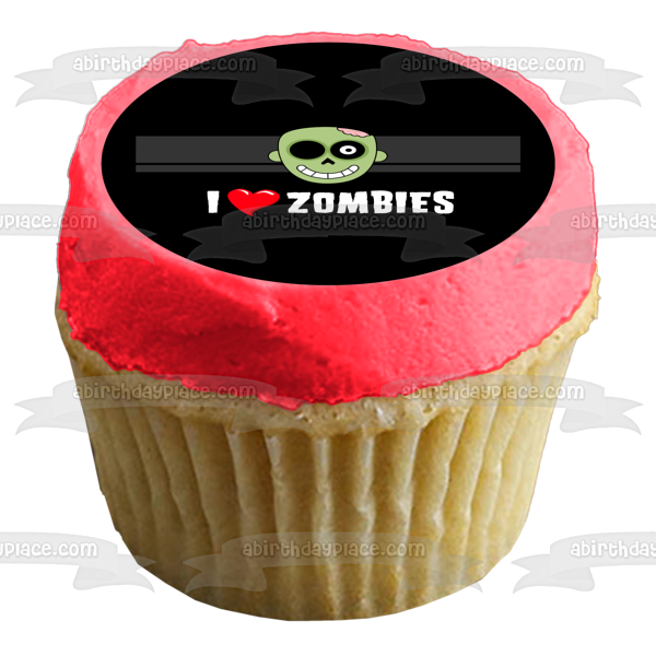 Imagen comestible para decoración de tarta con texto en inglés "I Love Zombies Happy Halloween" ABPID52699 