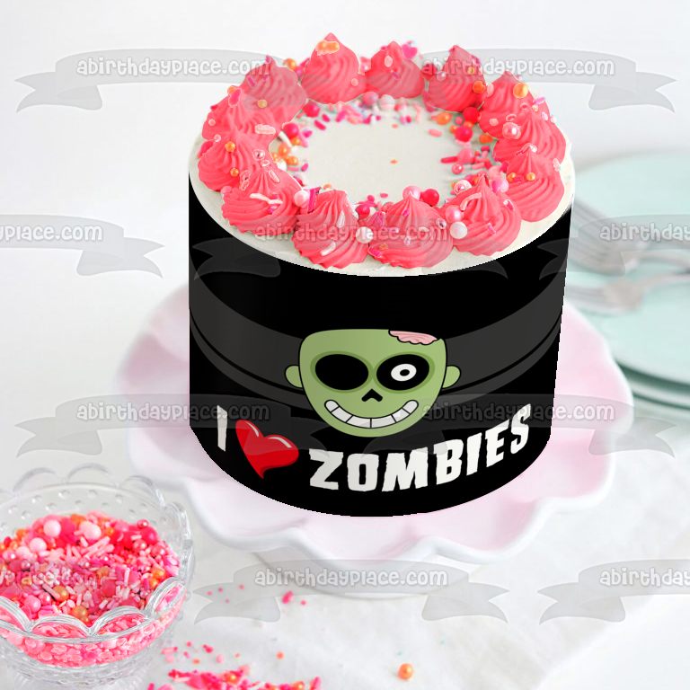 Imagen comestible para decoración de tarta con texto en inglés "I Love Zombies Happy Halloween" ABPID52699 