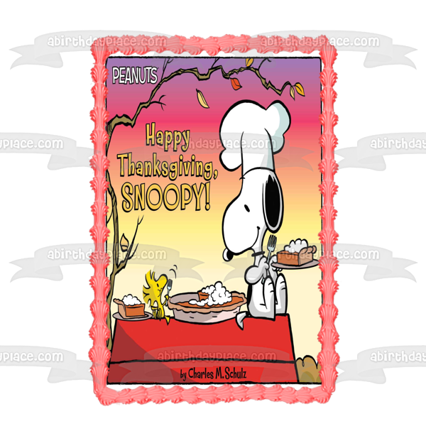 The Peanuts Feliz Día de Acción de Gracias Snoopy Woodstock Pastel de calabaza Adorno comestible para pastel Imagen ABPID52718 