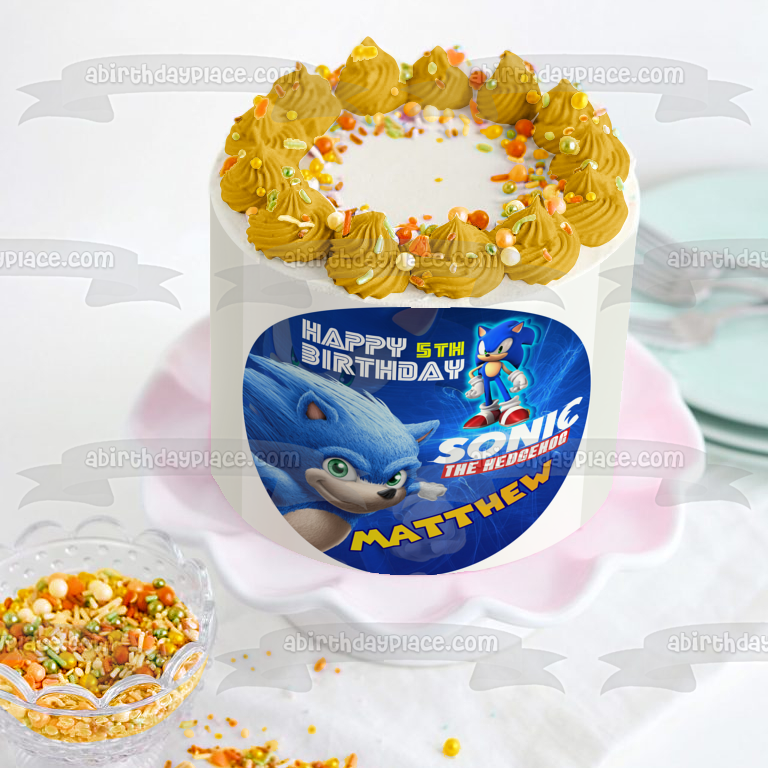 Sonic the Hedgehog Videojuego Feliz Cumpleaños Nombre Personalizado Edible Cake Topper Imagen ABPID52996 