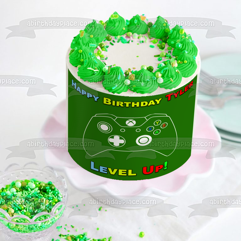 Controlador XBox Sube de nivel Feliz cumpleaños Tu nombre personalizado Imagen comestible para decoración de tarta ABPID53012 