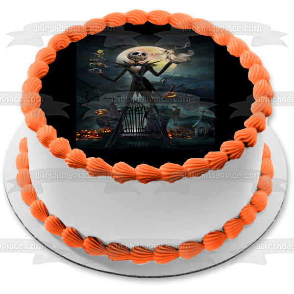 Pesadilla antes de Navidad Jack Skellington Árbol de Navidad Spooky Jack-O-Lanterns Adorno comestible para tarta Imagen ABPID53015 