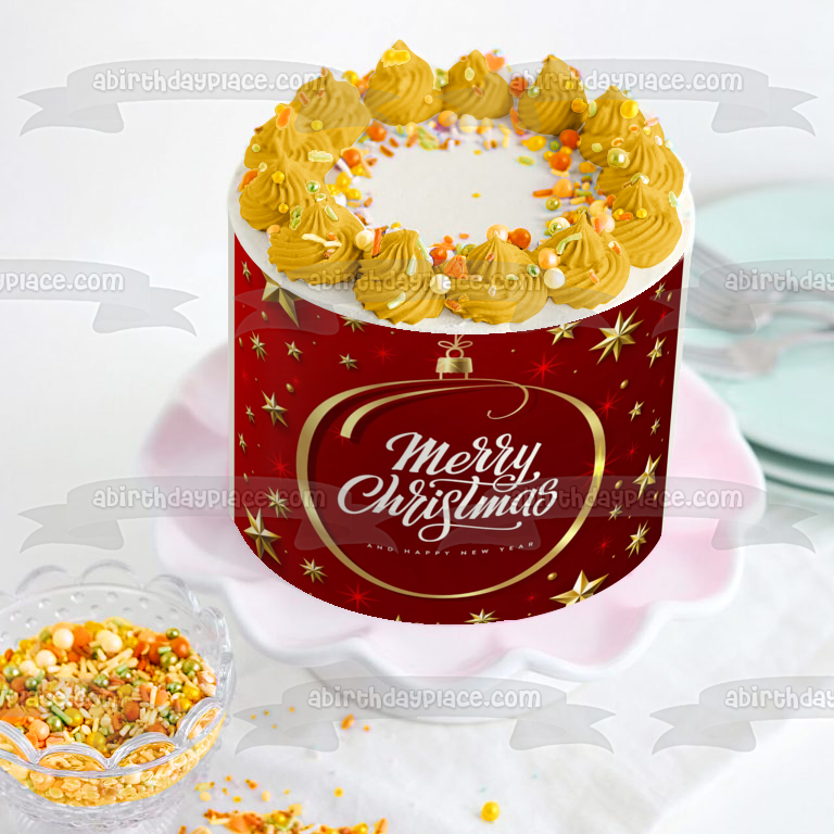 Merry Christmas and Happy New Year Stars Christmas Bulb Edible Cake Topper Image ABPID53044