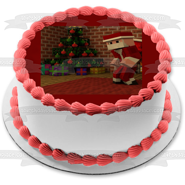 Minecraft Merry Christmas Minecraft Santa Claus Christmas Tree and Presents Edible Cake Topper Image ABPID53051