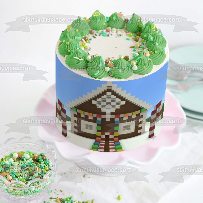 Minecraft Merry Christmas Minecraft Christmas Cottage and Candy Canes Edible Cake Topper Image ABPID53054