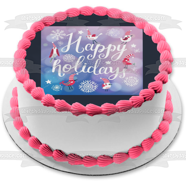 Happy Holidays Snowflakes Birds with Santa Hats Edible Cake Topper Image ABPID53070