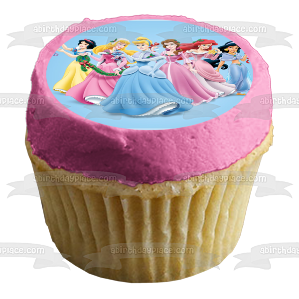 Disney Princess Merry Christmas Snow White Aurora Cinderella Belle Ariel Jasmine Christmas Decorations Edible Cake Topper Image ABPID53089