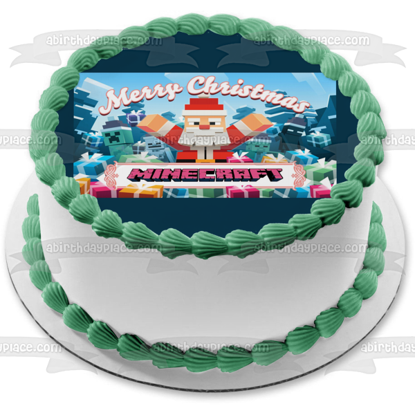 Minecraft Merry Christmas Santa Claus Creepers Presents Edible Cake Topper Image ABPID53095