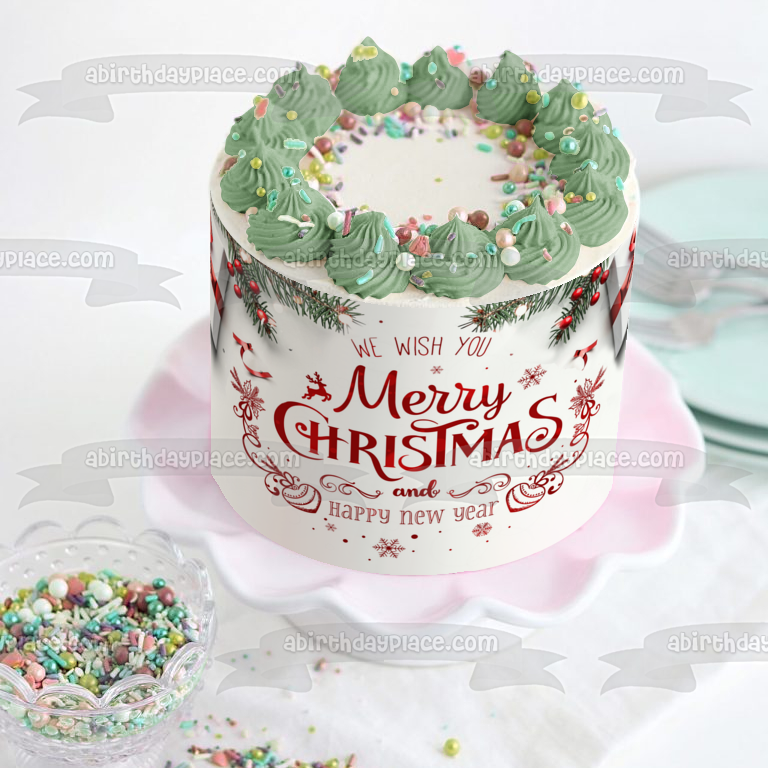 We Wish You Merry Chirstmas and Happy New Year Christmas Decorations Edible Cake Topper Image ABPID53106