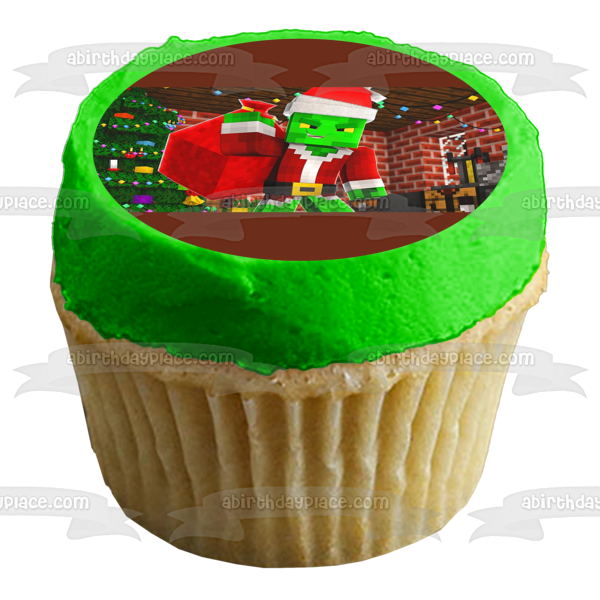 Minecraft Merry Christmas Santa Claus Creeper Christmas Tree Edible Cake Topper Image ABPID53124