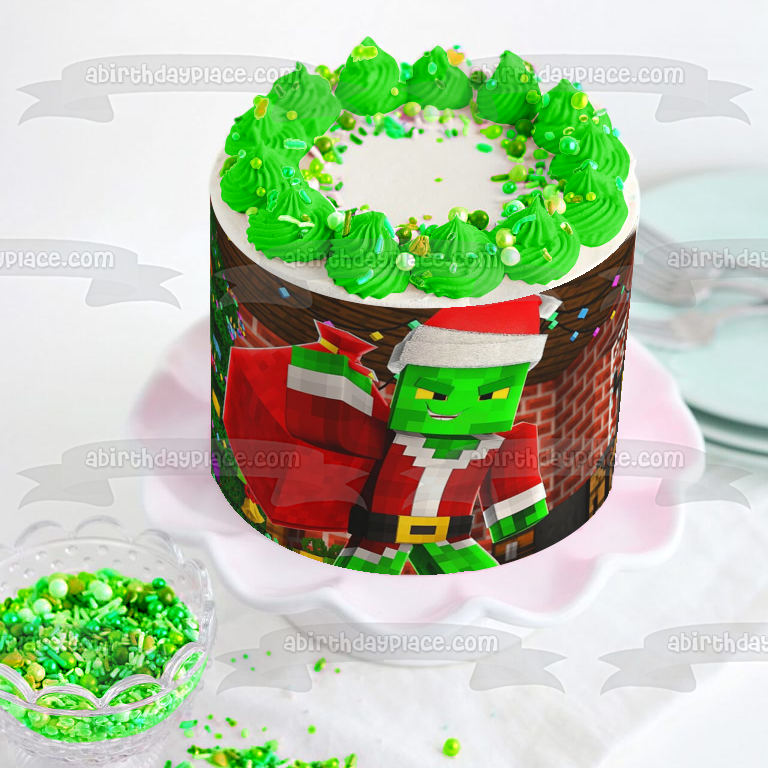 Minecraft Merry Christmas Santa Claus Creeper Christmas Tree Edible Cake Topper Image ABPID53124