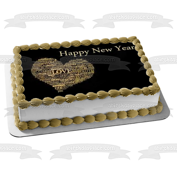 Happy New Year Heart of Inspirational Words Edible Cake Topper Image ABPID53138