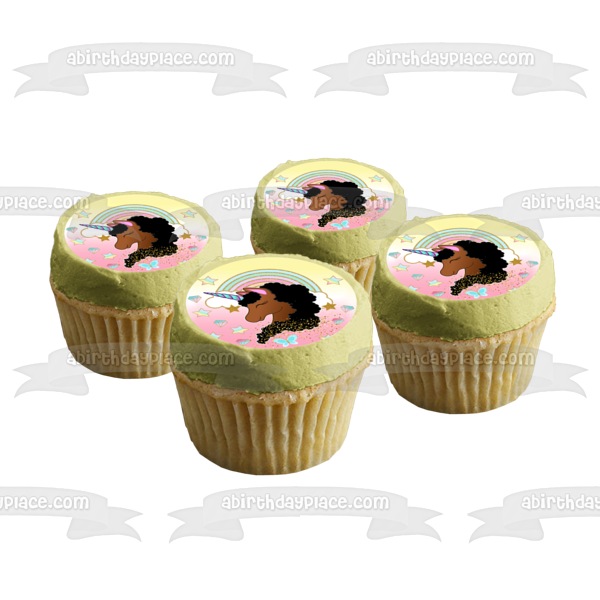 Afro Unicorn Pastel Stars, Diamonds and Glitter Edible Cake Topper Image ABPID56427