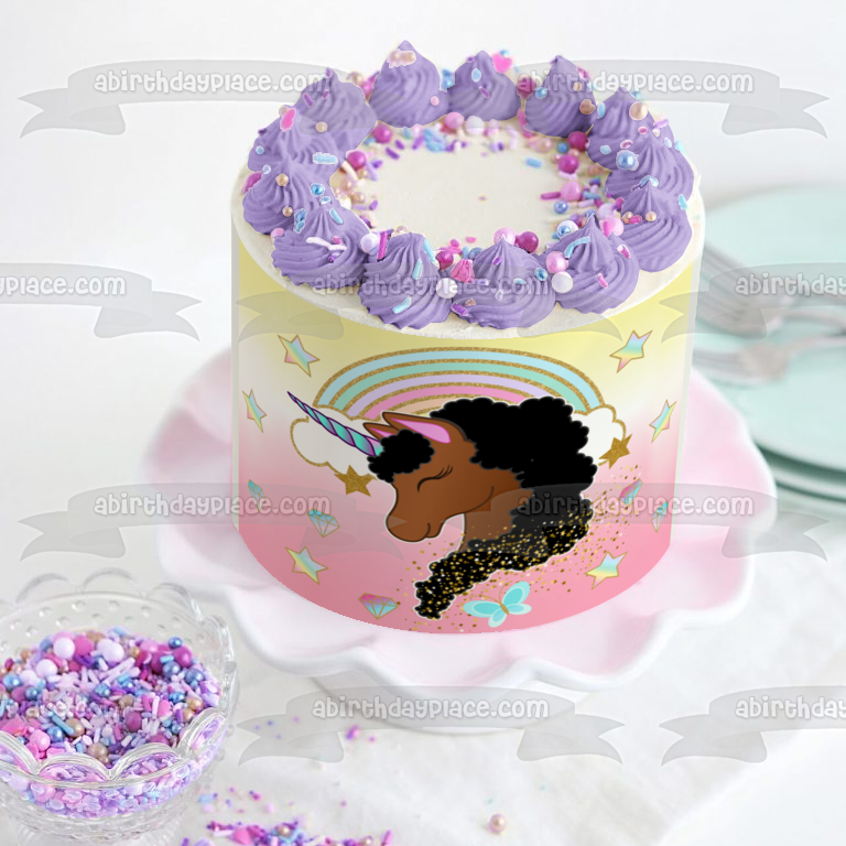 Afro Unicorn Pastel Stars, Diamonds and Glitter Edible Cake Topper Image ABPID56427