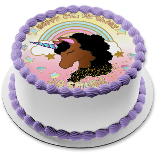 Adorno comestible para tarta con estrellas, diamantes y purpurina en colores pastel de unicornio afro Imagen ABPID56427 