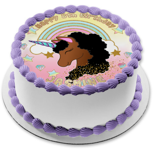 Afro Unicorn Pastel Stars, Diamonds and Glitter Edible Cake Topper Ima – A  Birthday Place