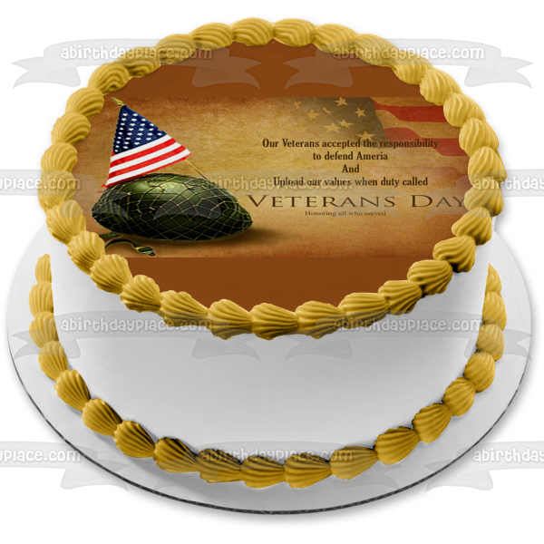 Feliz día de los veteranos casco del ejército bandera estadounidense decoración comestible para tarta imagen ABPID53304 