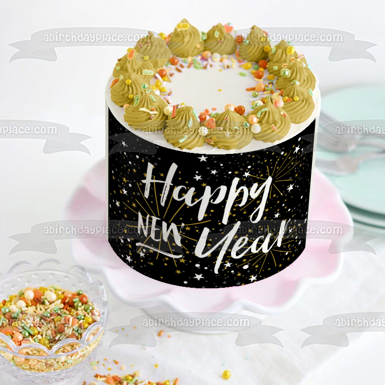 Happy New Year Silver and Gold Stars Edible Cake Topper Image ABPID53178