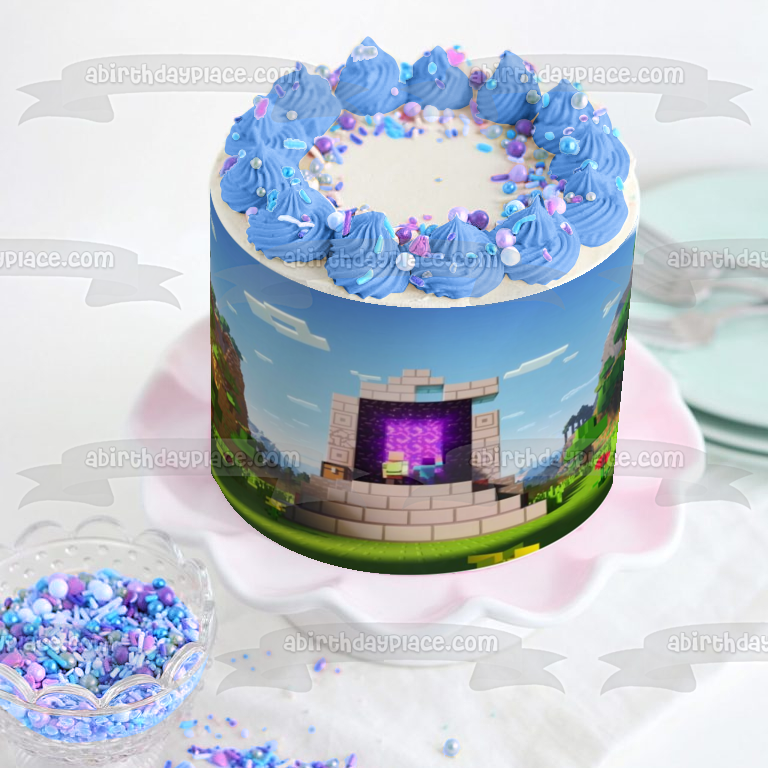 Minecraft Nether Portal Crafting Gaming Steve Edible Cake Topper Imagen ABPID53215 