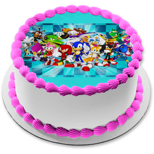 Sonic Cast Checkers Fondo Tails Amy Rose Knuckles Imagen comestible para decoración de tarta ABPID56453 