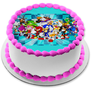 Sonic Cast Checkers Background Tails Amy Rose Knuckles Edible Cake Topper Image ABPID56453