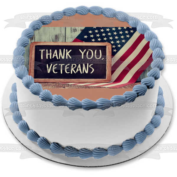 Pizarra de tiza "Thank You Veterans" del Día de los Veteranos con bandera estadounidense, decoración comestible para tarta, imagen ABPID53297 