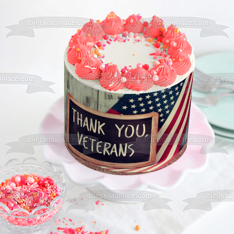 Pizarra de tiza "Thank You Veterans" del Día de los Veteranos con bandera estadounidense, decoración comestible para tarta, imagen ABPID53297 