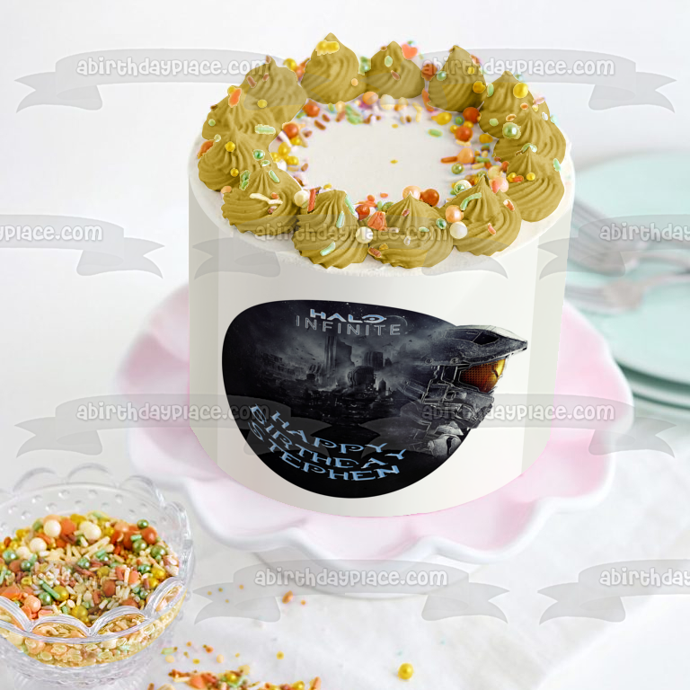 Halo Infinite Feliz Cumpleaños Tu Nombre Personalizado Imagen comestible para decoración de tarta ABPID53713 