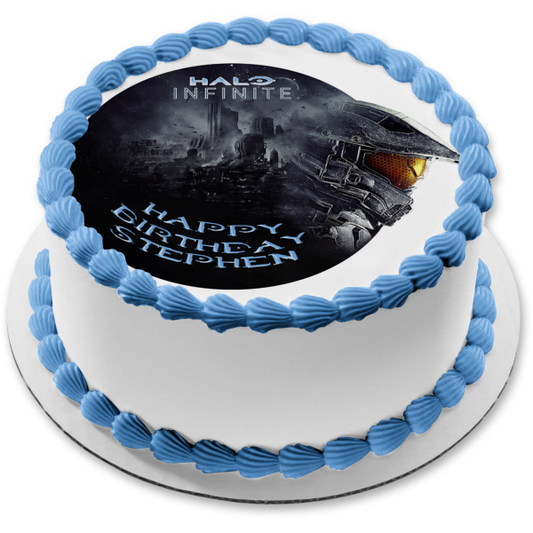 Halo Infinite Feliz Cumpleaños Tu Nombre Personalizado Imagen comestible para decoración de tarta ABPID53713 