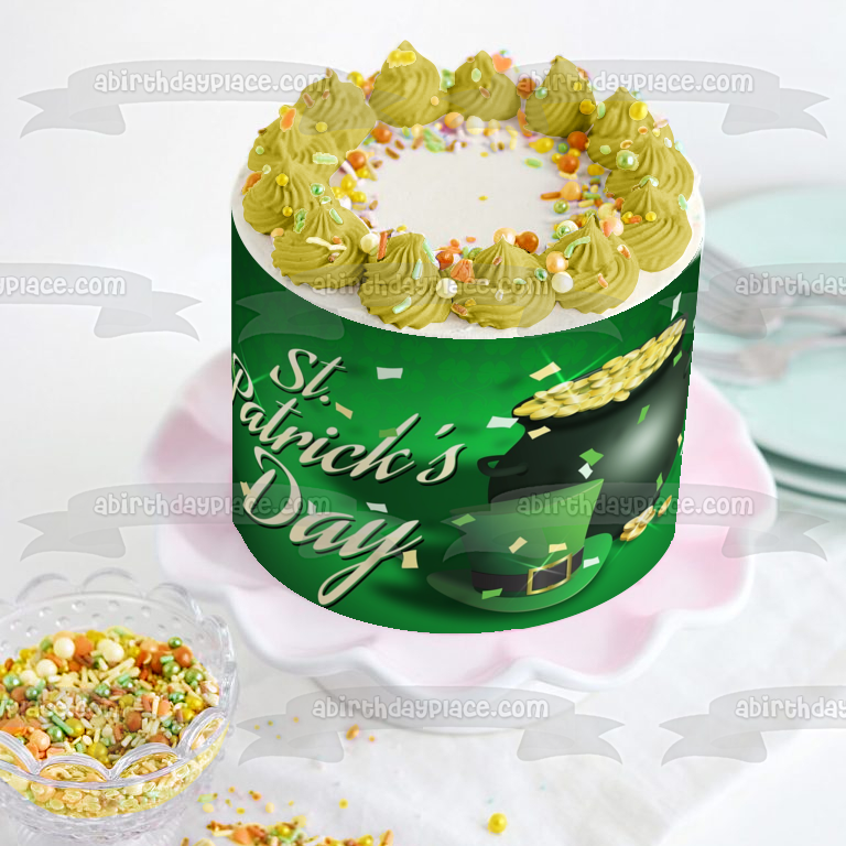 Feliz Día de San Patricio Sombrero de Leprechaun Olla de Oro Imagen comestible para decoración de tarta ABPID53721 