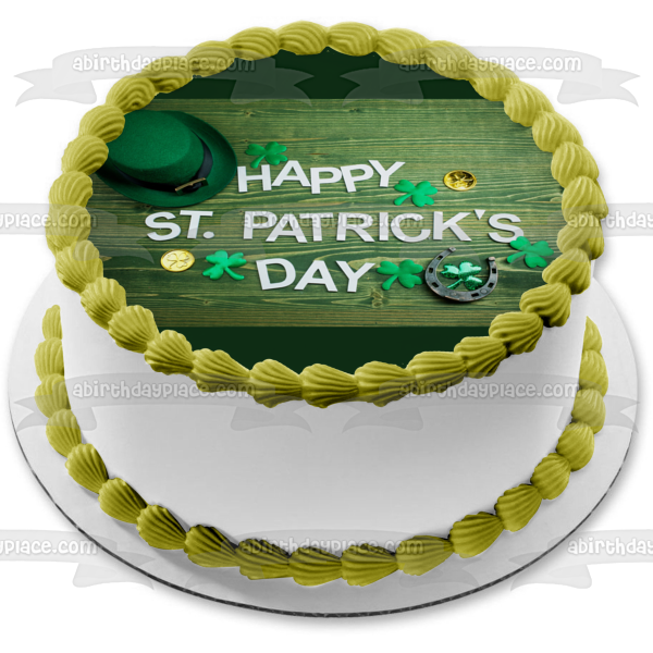 Feliz día de San Patricio, tréboles, sombrero de duende, herradura, decoración comestible para tarta, imagen ABPID53728 