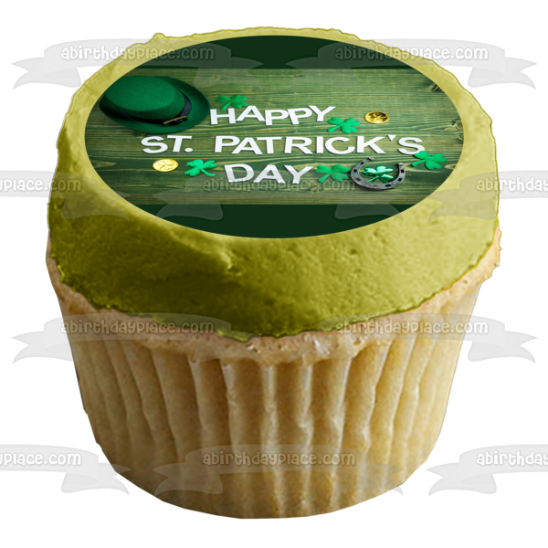 Feliz día de San Patricio, tréboles, sombrero de duende, herradura, decoración comestible para tarta, imagen ABPID53728 