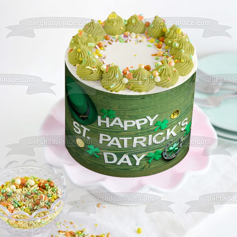 Feliz día de San Patricio, tréboles, sombrero de duende, herradura, decoración comestible para tarta, imagen ABPID53728 