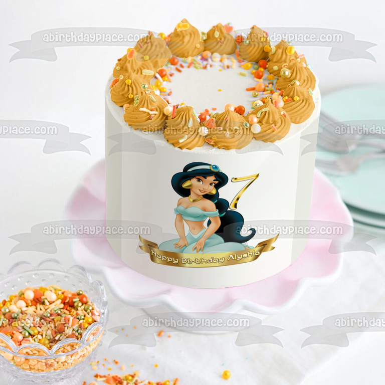 Disney Aladdin Princess Jasmine Customizable Happy Birthday Banner Edible Cake Topper Image ABPID53457