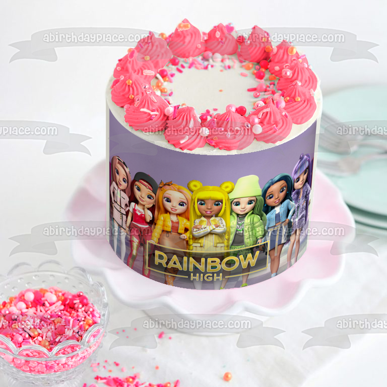 Adorno comestible para tarta Rainbow High Ainsley Amaya Sunny Ruby y Bella Imagen ABPID56485 