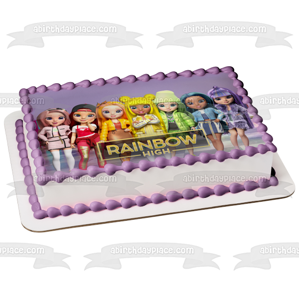 Adorno comestible para tarta Rainbow High Ainsley Amaya Sunny Ruby y Bella Imagen ABPID56485 