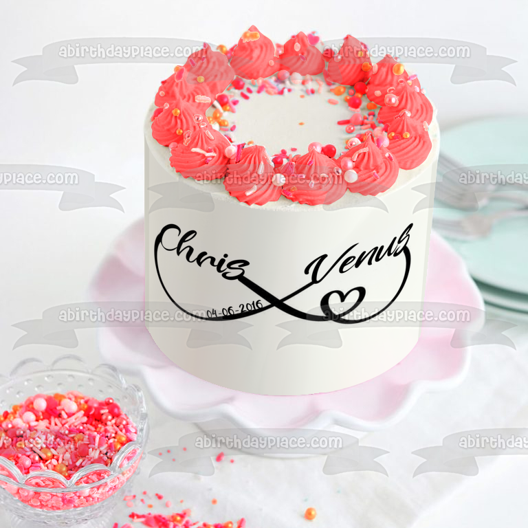 Infinity Symbol Names and Date Heart Valentine Anniversary Customizable Edible Cake Topper Image ABPID53787