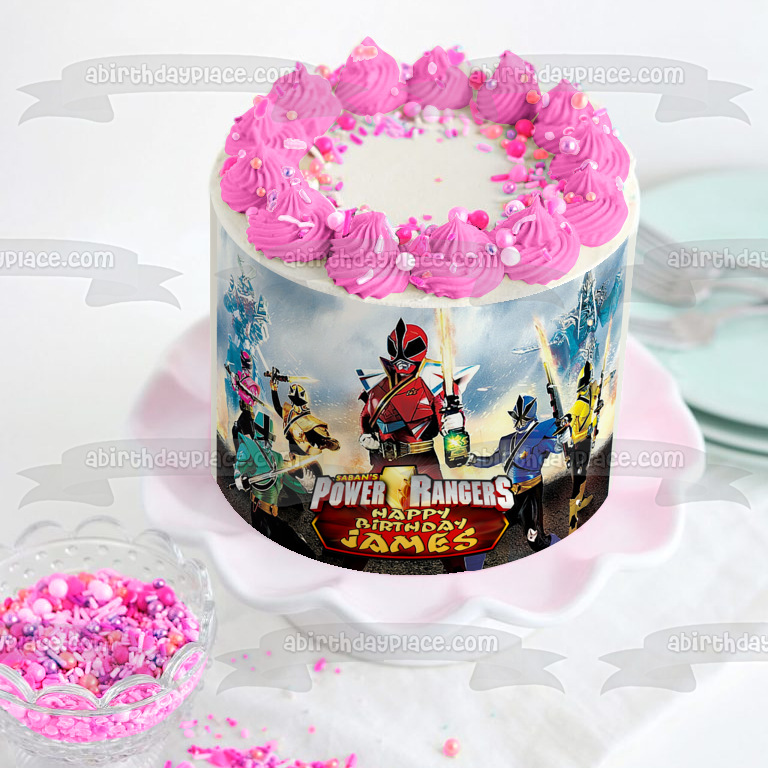 Power Rangers Super Samurai Happy Birthday Customizable Red Samurai Green Samurai Pink Samurai Yellow Samurai Blue Samurai Gold Samurai Edible Cake Topper Image ABPID53500