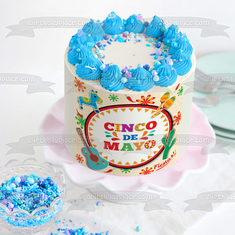 Cinco De Mayo Guitarra Cactus Caballo Maracas Edible Cake Topper Imagen ABPID53794 