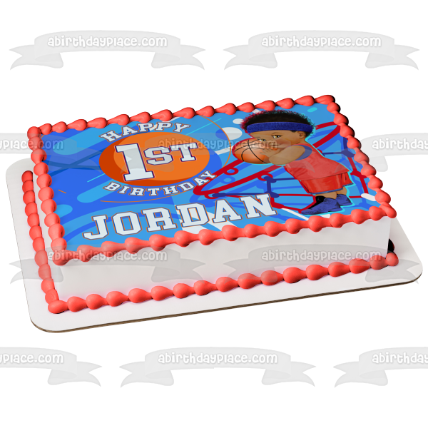 Baby Basketball Personalized Happy 1st Birthday Edible Cake Topper Image ABPID56491