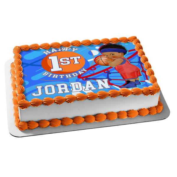 Baby Basketball Personalized Happy 1st Birthday Edible Cake Topper Image ABPID56491