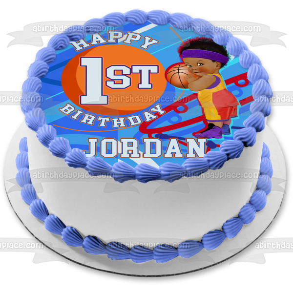 Baby Basketball Personalized Happy 1st Birthday Edible Cake Topper Image ABPID56491