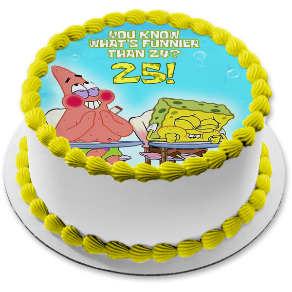 Adorno comestible para tarta de Bob Esponja y Patricio riéndose en los pupitres de la escuela Imagen ABPID56493 